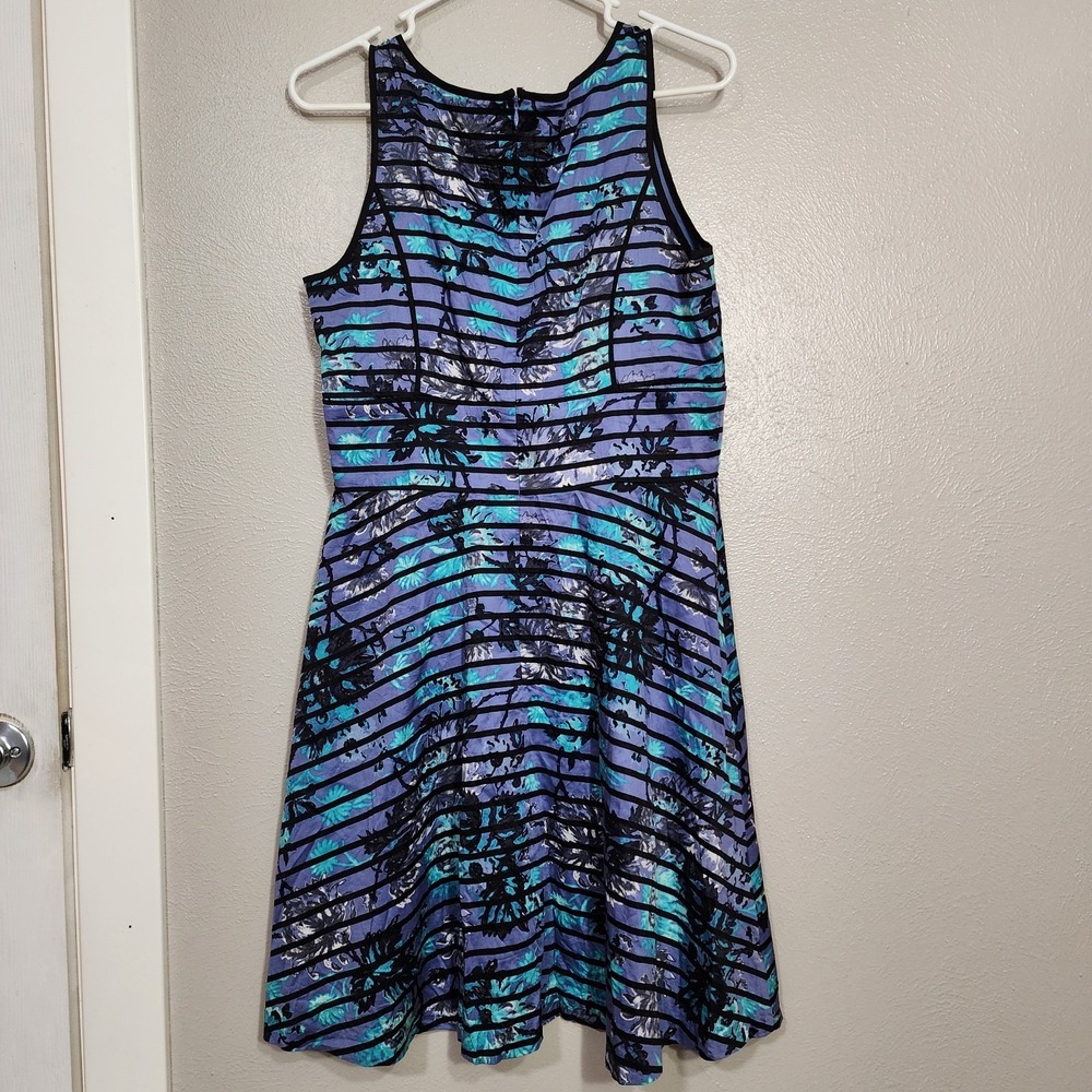 Ann Taylor Loft Dress 10 Floral Striped Cotton With Liner A-Line Sleeveless Tank - Picture 2 of 8